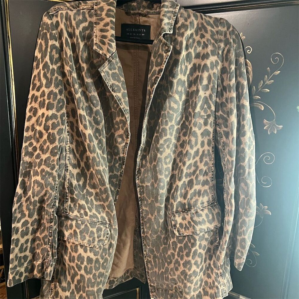 AllSaints Women's Leopard Print Blazer Jacket Brown Size 8 Mid-Length